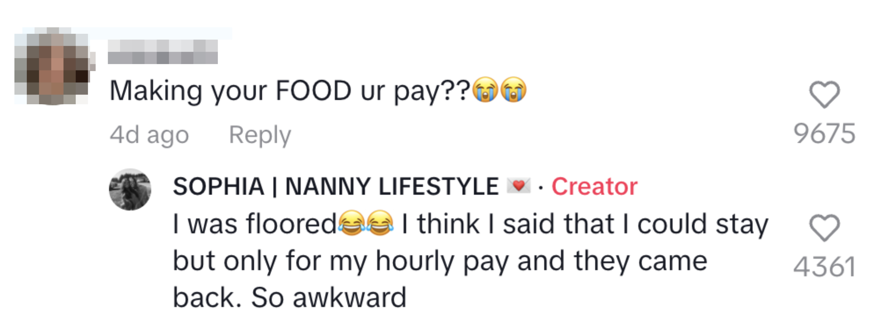 Two comments on a social media post, one from a user named Elizabeth reacting to the original post, and a response from the creator SOPHIA | NANNY LIFESTYLE