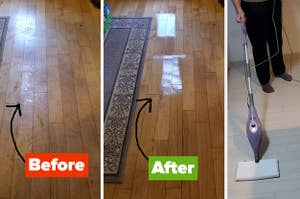 Reviewer image of hardwood floors before and after mopped, reviewer mopping with purple steam mop
