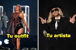 Taylor Swift a la izquierda en traje brillante corto y Beyoncé a la derecha en traje negro con sombrero, gesto de paz con las manos