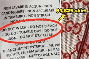 A clothing care label with strict instructions beside a skirt with a price tag of $1,825