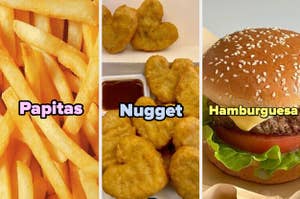 Imagen collage de tres comidas rápidas: papas fritas, nuggets de pollo y una hamburguesa