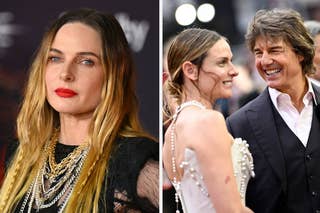 Close-up of Madonna, and Tom Cruise with Keira Knightley smiling at an event. Knightley in a beaded gown, Cruise in a suit without a tie