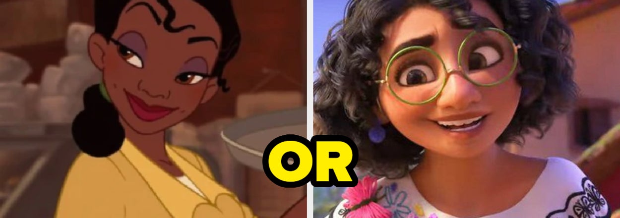 Animated characters Tiana from "The Princess and the Frog" and Mirabel from "Encanto" side by side for a comparison