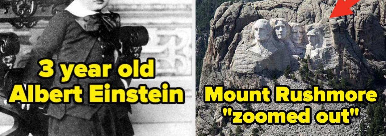 Two side-by-side photos: young Albert Einstein and distant view of Mount Rushmore