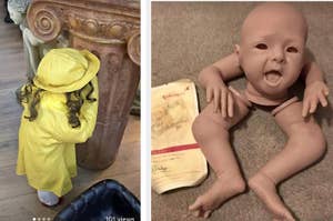 泣いている少女の彫像と、床に座る笑顔の赤ちゃん。