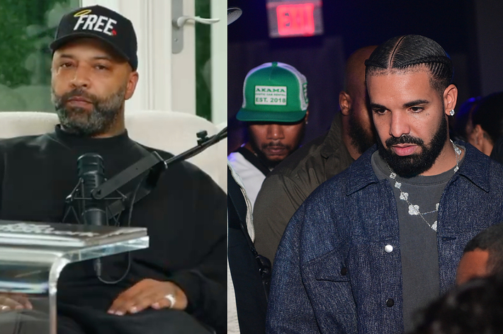 Joe Budden podcasting; Drake in a denim jacket at an event