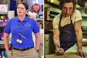 Dina from "Superstore" in work attire; character from "Nightcrawler" with tattoos wears an apron, holding a pen