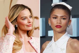 Margot Robbie in a sparkling outfit; Zendaya in a white top with a bow accessory