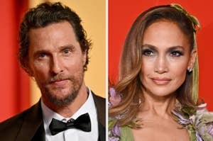 Matthew McConaughey in a tuxedo and Jennifer Lopez wearing a floral-accented outfit at an event