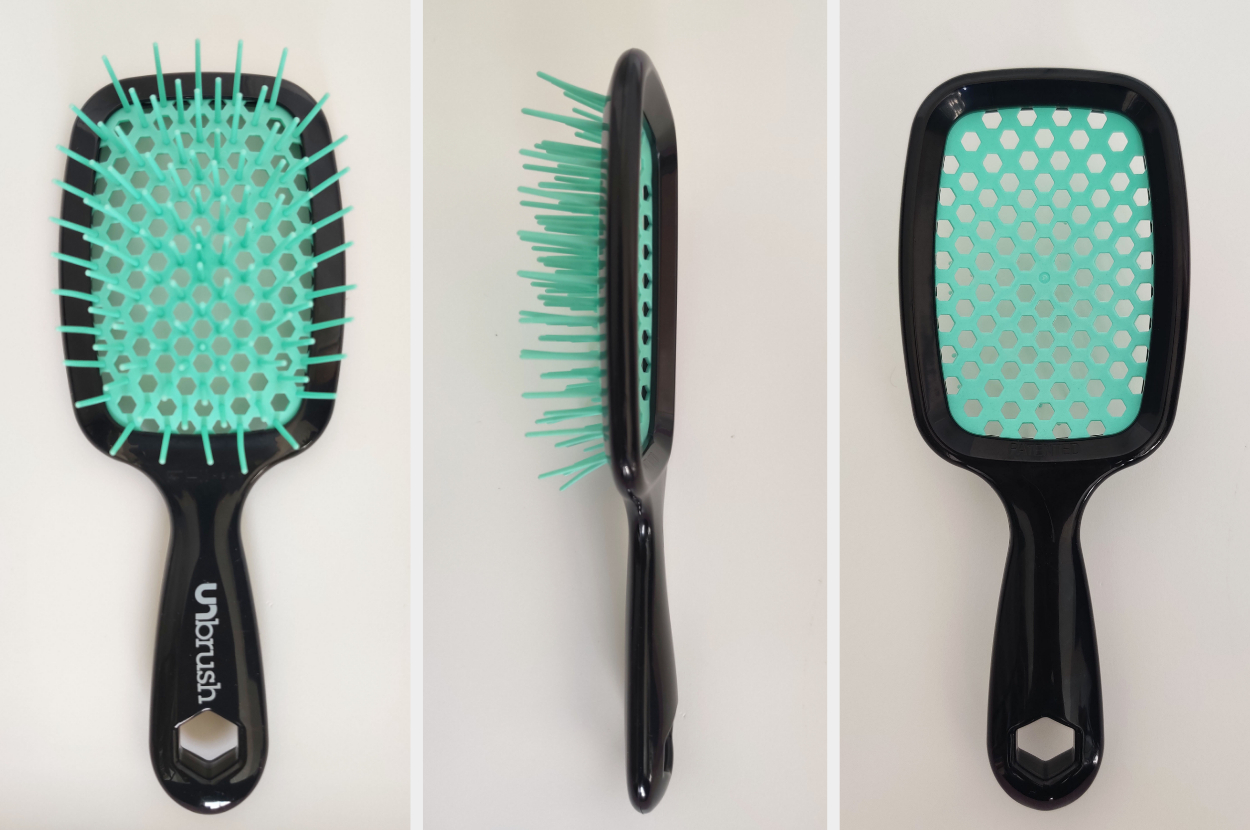 Three views of a hairbrush: front, side, and back, designed for detangling hair