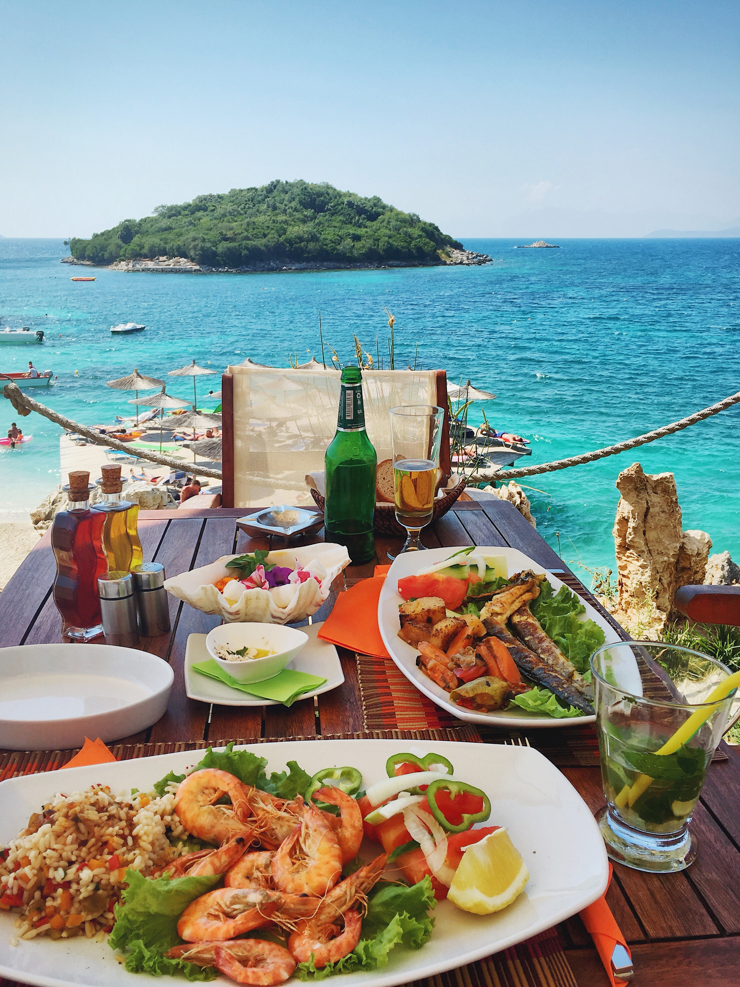 Seafood meal with a tropical island view