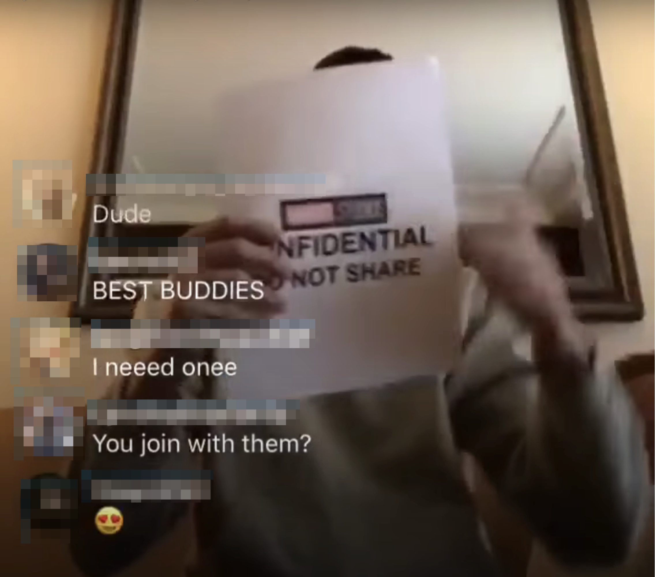 Tom holding a paper with &quot;CONFIDENTIAL DO NOT SHARE&quot; in front of his face, social media comments visible