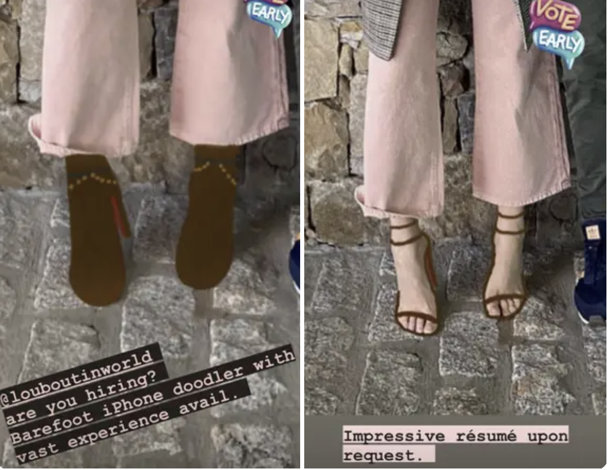 screenshots of boots and sandals Blake doodled over her bare feet, with captions jokingly asking designers if they&#x27;re hiring
