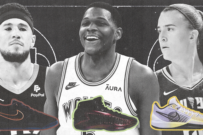 Collage of three athletes standing with focus on their sneakers, featuring basketball shoes from different brands