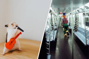 Left: Hamster with a toy guitar. Right: Person in striped outfit and hat walking in a subway car