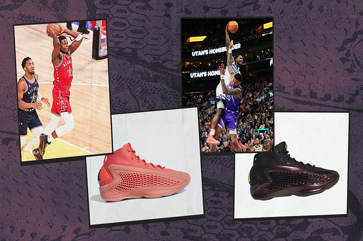 Collage of basketball action shots and two sneaker images, highlighting athletic footwear in play