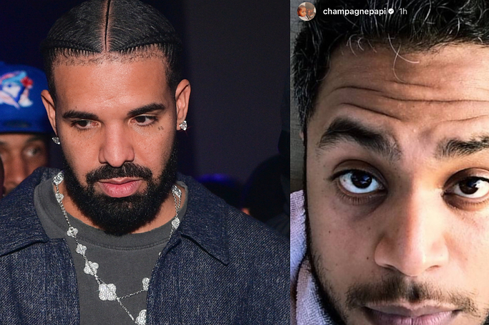 Drake in a denim jacket beside an Instagram Story screenshot of someone else