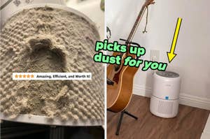 Before and after image showing a dirty air filter and a clean air purifier with a highlighted review saying it's amazing and efficient