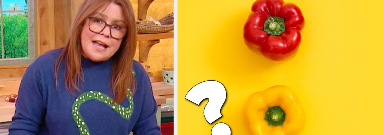 Person at a table with colorful bell peppers; three bell peppers with a question mark indicating a quiz or comparison
