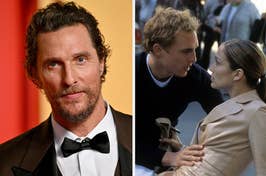 Matthew McConaughey in a tuxedo; a scene with two actors engaged in a close conversation