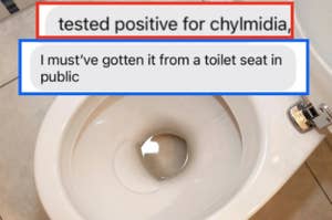 Text over a toilet reads someone tested positive for chlamydia and speculates getting it from a public toilet seat