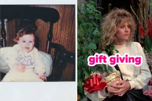 Toddler in a highchair; woman with a jacket and a bow in a TV scene captioned "gift giving"