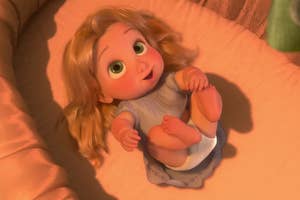 Animated character baby Rapunzel from Tangled, looking up with big green eyes, wearing a white dress with purple trim