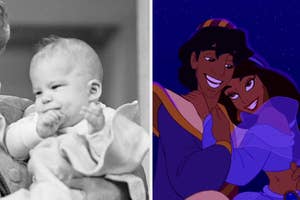Left: Baby smiling and clapping. Right: Aladdin and Jasmine embracing under the stars