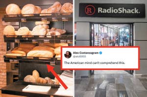 A juxtaposed image: a bakery shelf with bread, and a RadioShack store entrance, with a tweet overlay saying it's hard to comprehend