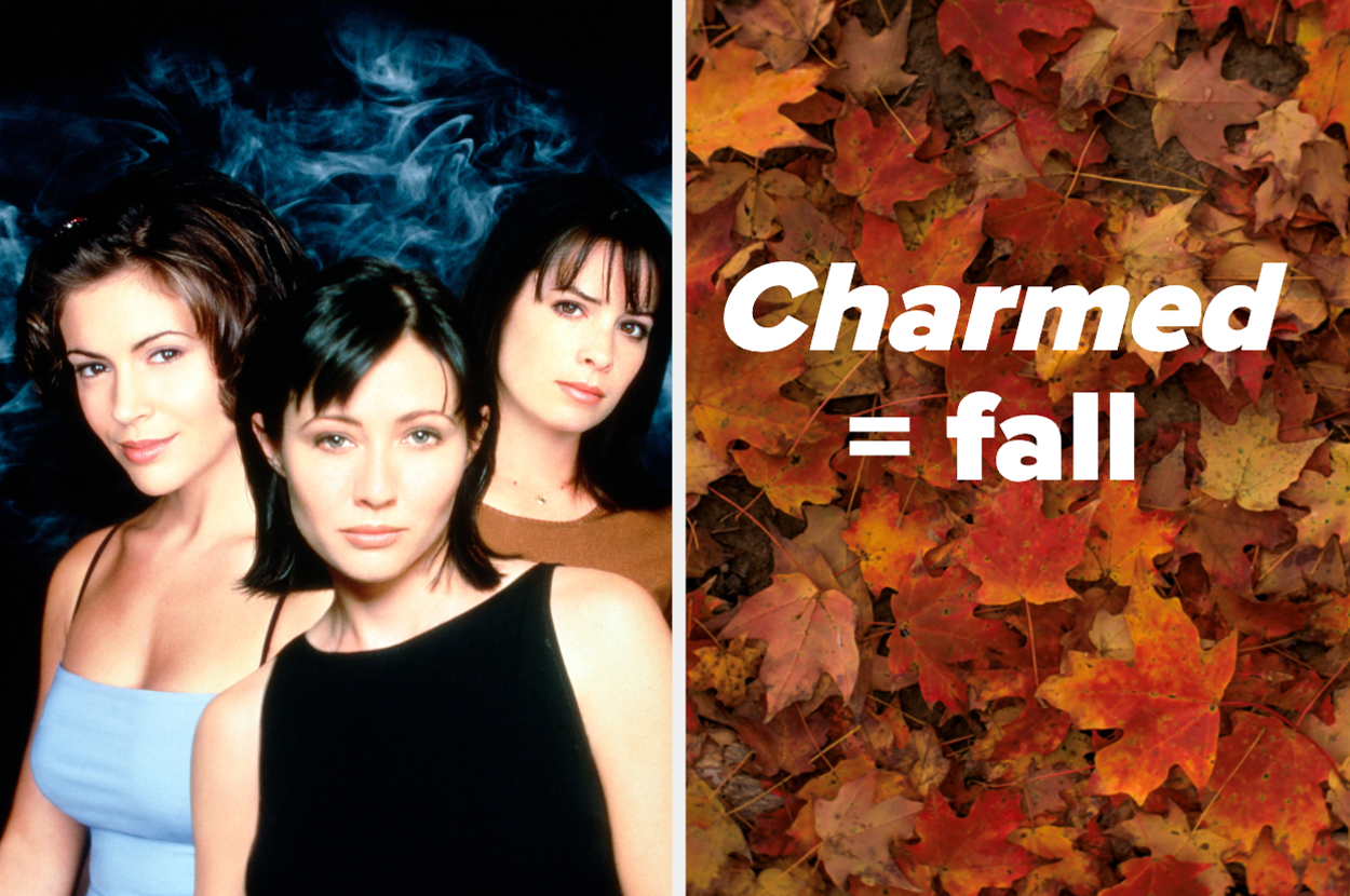 The image shows the three main characters from the TV series "Charmed" alongside text "Charmed = fall" over autumn leaves
