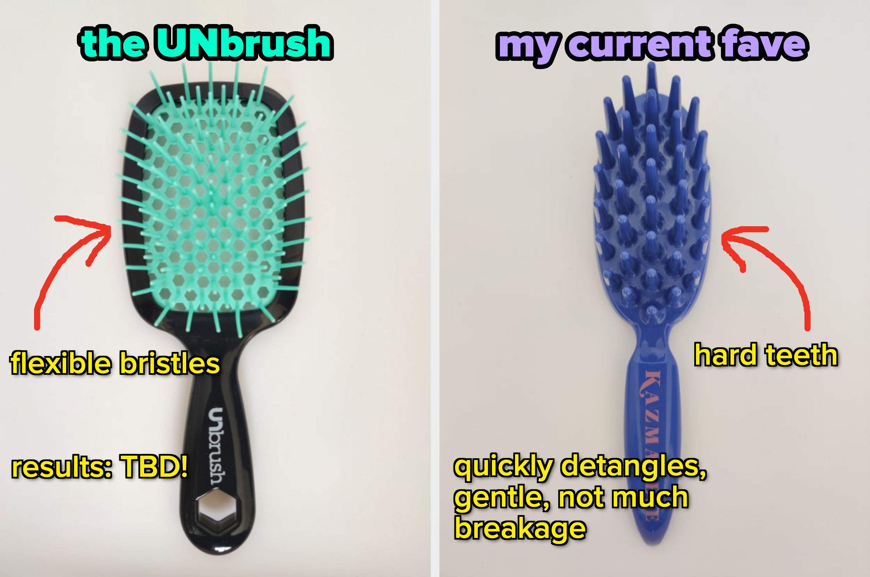Two hairbrushes with different bristle designs laid flat on a surface