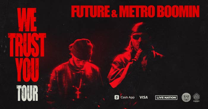 Concert promo for the &quot;We Trust You Tour&quot; featuring silhouettes of Future and Metro Boomin, with sponsor logos below