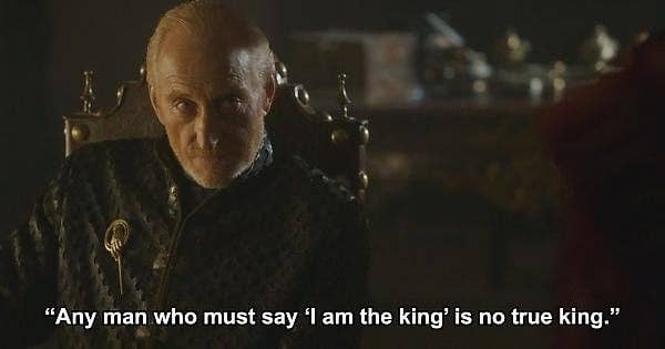 Tywin Lannister from Game of Thrones sits by the Iron Throne, caption reads a quote about true kingship