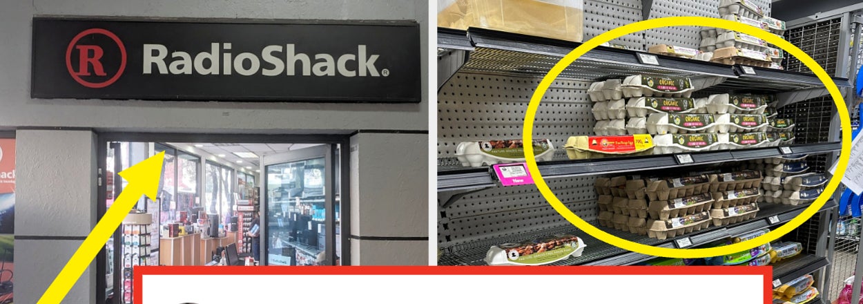 Store aisle with RadioShack sign above and a shelf stocked with food items, below a social media post expressing bemusement