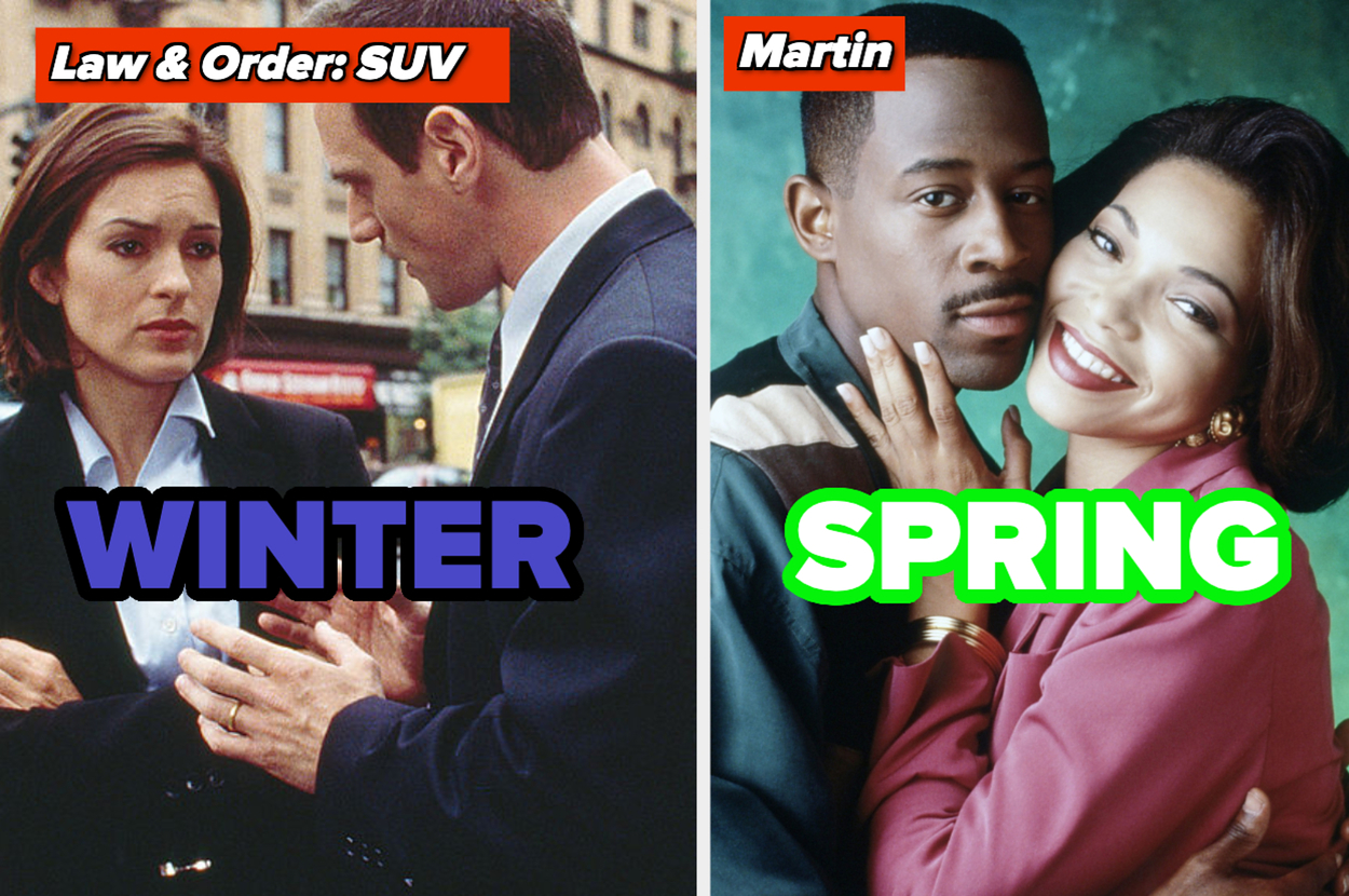 Split image comparing TV shows; left: "Law & Order: SUV," right: "Martin," with seasonal labels "WINTER" and "SPRING."