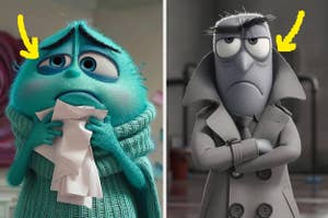Joy and Sadness, characters from Inside Out, showing contrasting emotions; Joy with a worried look, and Sadness with arms crossed