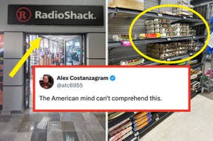 Store aisle with RadioShack sign above and a shelf stocked with food items, below a social media post expressing bemusement