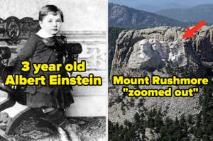 Two side-by-side photos: young Albert Einstein and distant view of Mount Rushmore