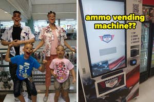 Left: Mannequins in a store wearing casual clothes. Right: Vending machine labeled "American" which suggests it dispenses ammunition