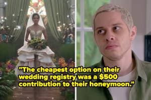Bride walking down the aisle; man looking surprised with quote about expensive wedding registry