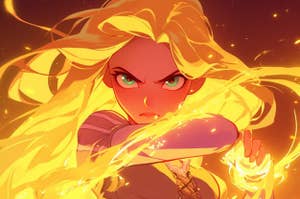 Rapunzel from Tangled as an anime character with glowing blonde hair swirling around her
