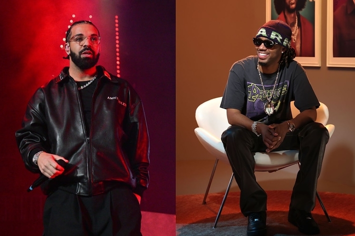Two hip-hop artists; one stands in black attire, another sits wearing a graphic tee and hat