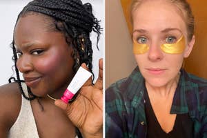 Two women showcasing skincare products, one holding a tube and the other with under-eye patches