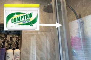Gumption Multi-Purpose Cleanser container juxtaposed to a marble-patterned shower interior, indicating its cleaning use