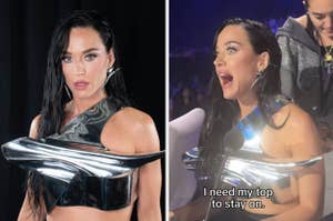 Katy Perry in a metallic outfit, looking concerned on the left, and speaking into a microphone on the right