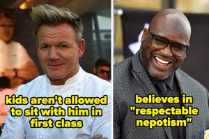 Side-by-side images of Gordon Ramsay and Shaquille O'Neal with contrasting quotes about children and nepotism