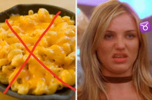 Split image, left: mac and cheese with red cross over it, right: woman with pursed lips, Taurus zodiac symbol in corner