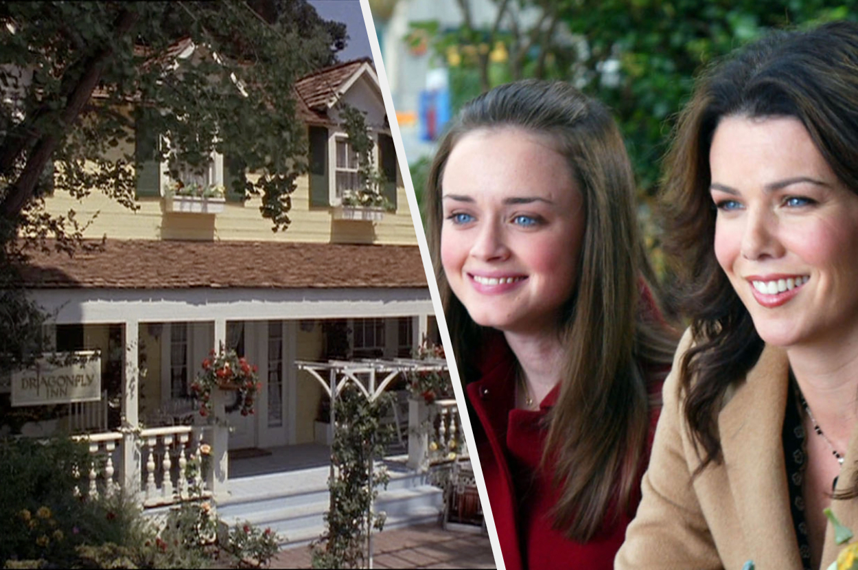 Stars Hollow gazebo with "Dragonfly Inn" sign; Rory and Lorelai Gilmore smiling side by side