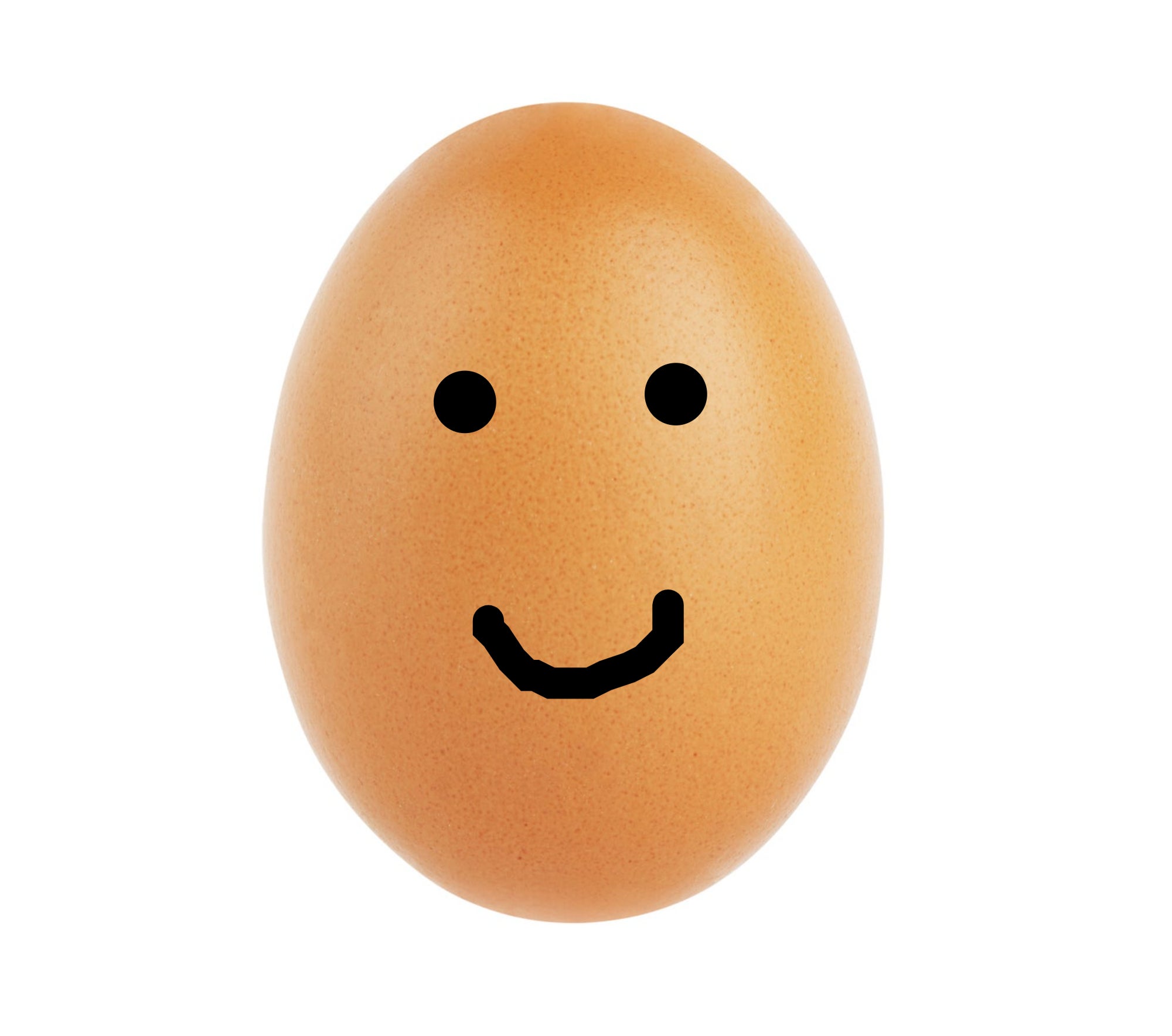 A single brown chicken egg isolated on a white background with a smiley face drawn on