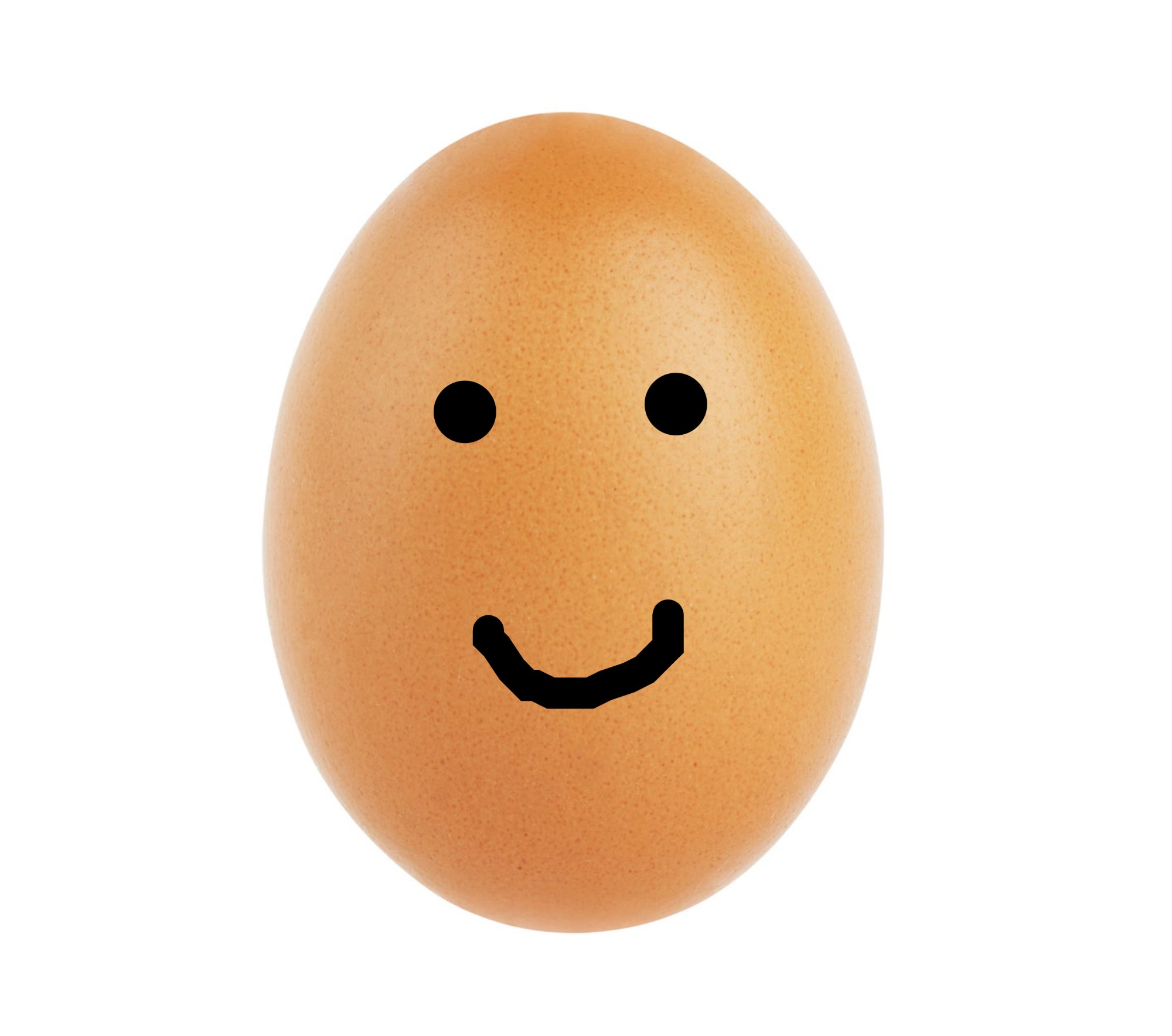 A single brown chicken egg isolated on a white background with a smiley face drawn on